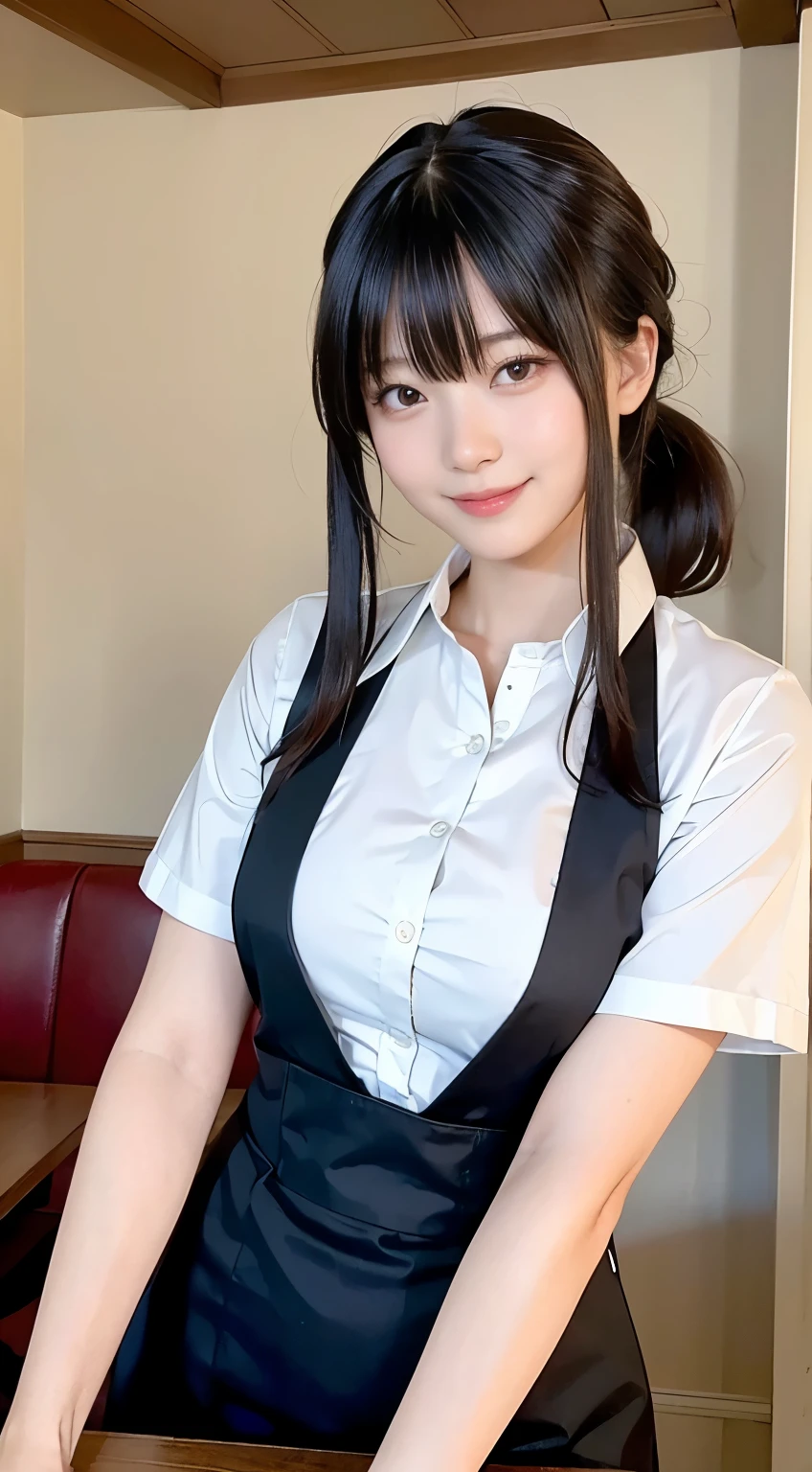 (highest quality,masterpiece:1.3,Ultra-high resolution,),(Very detailed,Caustics),(Realistic:1.4,RAW shooting,)Ultra-Realistic Capture,Very detailed,High resolution 16K human skin closeup。 Natural skin texture、,pores、、、、It must be detailed enough to be easily identifiable。 Skin tone is even and healthy looking。 Use natural light and color,restaurant,Waitress Uniform,1 girl,Japanese,18-year-old,cute,Black-haired,ponytail,Big Breasts,smile,Turn your body forward,(Front view:1.1),Looking into the camera,Cowboy Shot,