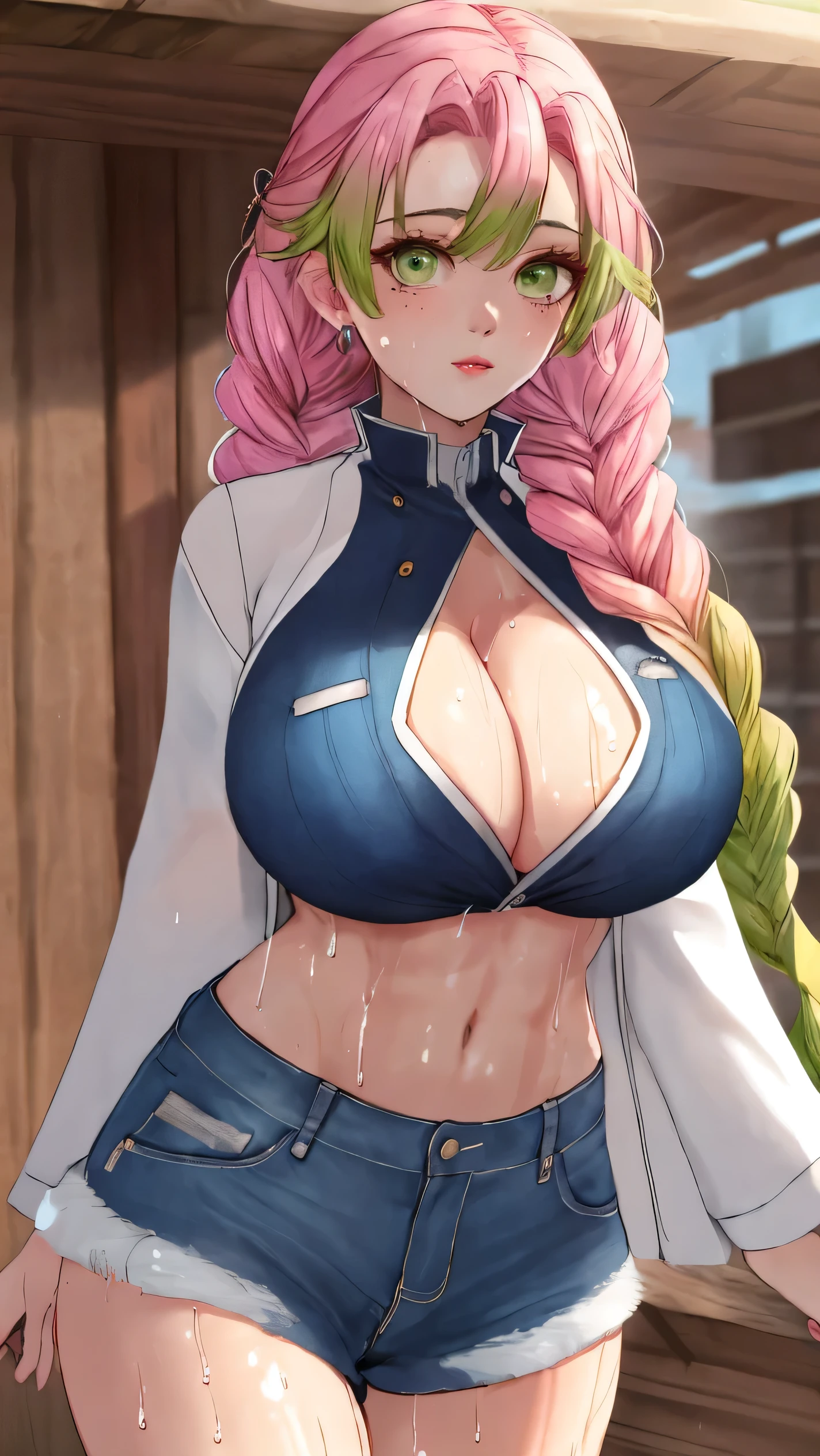 ((Best quality,8K,tmasterpiece:1.4)), Pink hair,Long braid on one side, exteriors, Pure white one-word bandeau underwear,huge tit, shiny skins,sweat leggs,tight ripped denim shorts, Green eyes