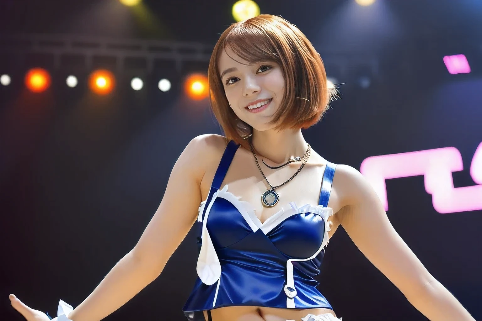 (An 18-year-old idol girl dancing on stage:1.5)、(Cute smile:1.2)、(The best quality at its best:1.4), (Super detailed), (Very detailed CG unified 16k), Beautiful woman with perfect figure: 1.4, Sharp focus: 1.2, Very detailed, High-quality RAW color photos, Professional photography, Great face and eyes, cosmetics, (Amazingly beautiful girl), ((Cute idol costumes:1.5)), Sexy posture，(View from below), Realistic movie faces, Full body long view from head to toe, Realistic, ((Realistic natural orange red hairstyle, Realistic blue eyes)), ( Short Bob Hair:1.5), (necklace:1.5)、, Very beautiful face, Perfect model beauty, Mouth swelling, Highly detailed face and skin texture, Fine grain, double eyelid, Medium chest, (masterpiece), highest quality, High resolution, Very detailed, Blurred Background, Depth of written boundary, Cinema Lighting, Great legs, , Clear, well-maintained skin,