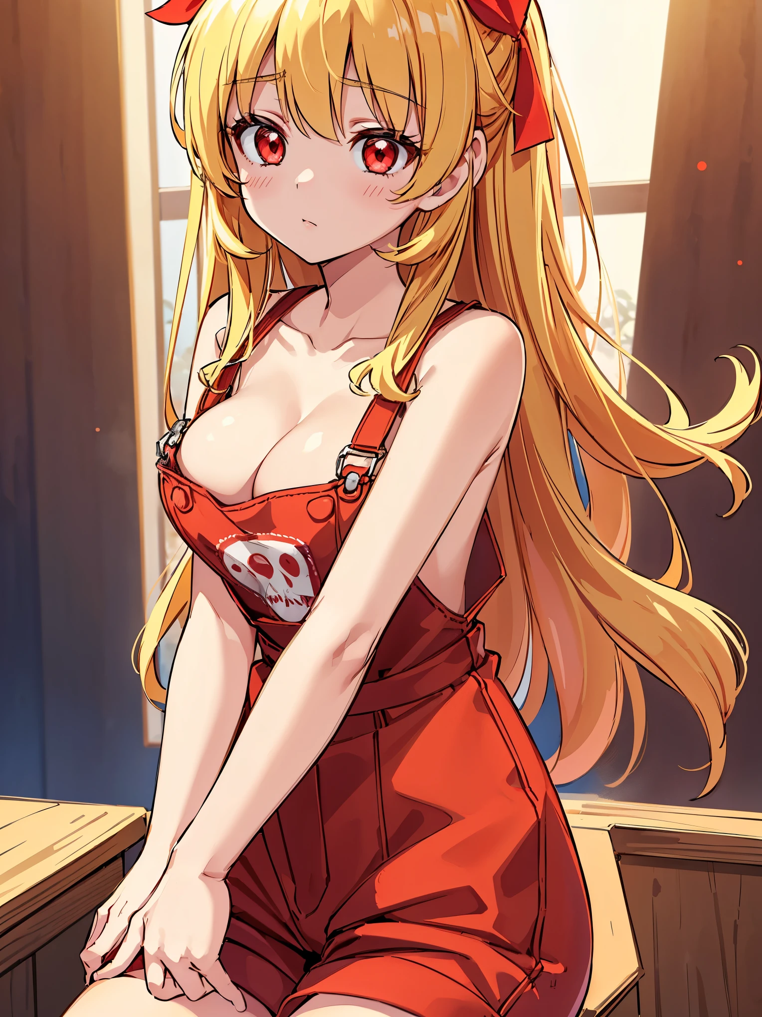 RED_Ribbon_on_HAIR_band,warm light, from below, upper body, ((, slender, Blonde hair, red eyes)), cleavage, collarbone, large breast, naked_overalls, no expression, half closed eyes, hands between legs