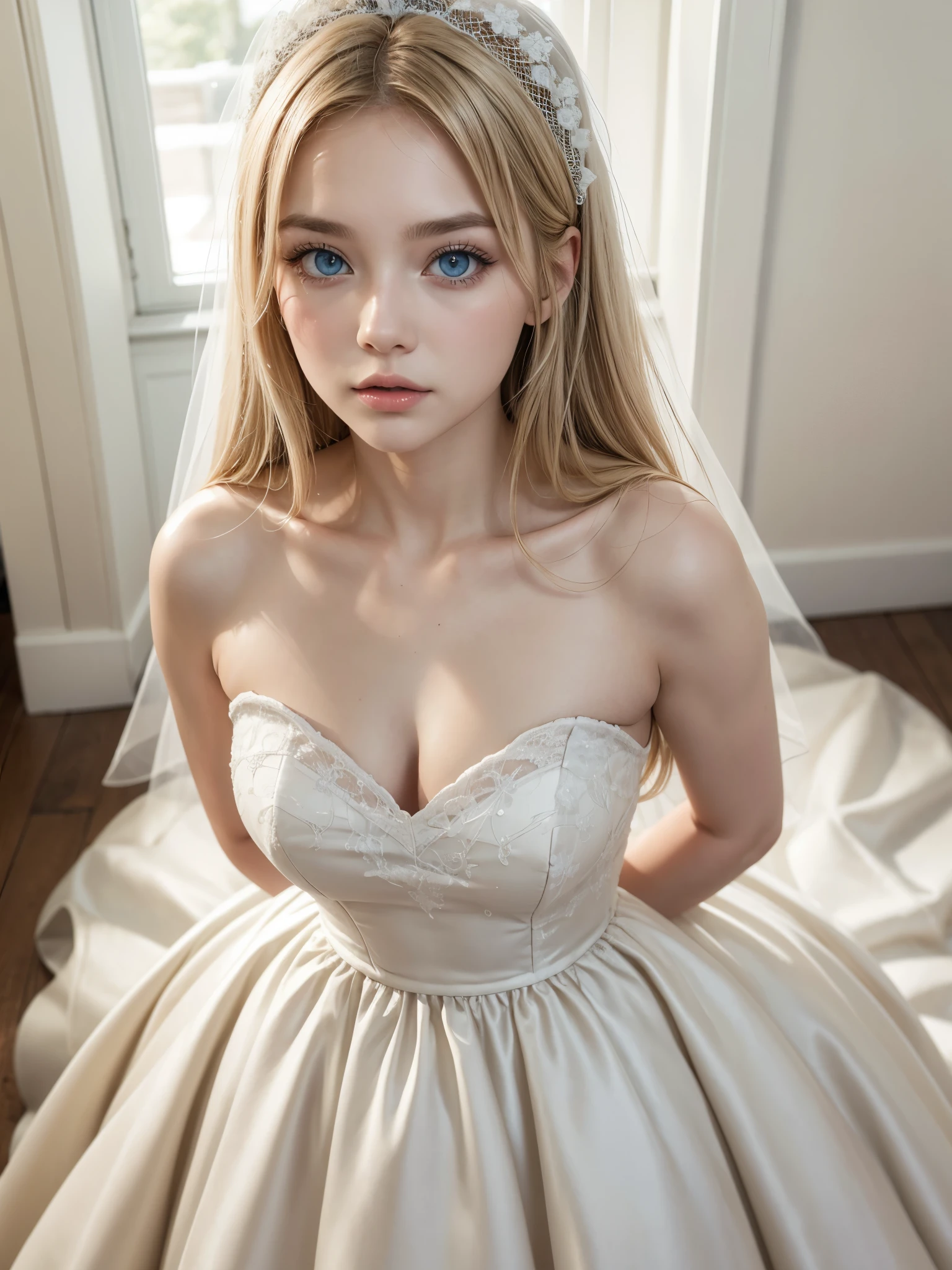 (Very large pure white angel wing of an archangel Wedding dress standing in front of a curtain, soft elegant gown, wearing a Wedding dress, dressed beautiful gown, Wedding dress, wearing organza gown, gown, Tulle and lace, white regal gown, With natural light as a background, beautiful Wedding dress, white gown, Elegant and graceful, beautiful gown, beautiful and elegant, intricate gown, romantic gown Wedding dress standing in front of a curtain, a portrait by Eizan Kikukawa, Pinterest, Baroque, soft elegant gown, wearing a Wedding dress, dressed beautiful gown, Wedding dress, wearing organza gown, gown, Tulle and lace, white regal gown, With natural light as a background, beautiful Wedding dress, white gown) ((Full Shot:1.2)) ((highest quality)), ((masterpiece)), (Get used to it), Perfect Face (1 girl) (French) (She is 18 years old、The cutest and most beautiful fantasy girl in France) ((highest quality)), ((masterpiece)), length blonde hair length, shining golden hair,Golden Silky Hair, Straight blonde hair, length blonde straight hair, Perfect Silky Straight Hair, Straight blonde hair, length blonde hair, Her hair is long and straight, detailed length blonde hair Super Long Hair down to the ankles ((Neat bangs The neatly trimmed bangs are princess cut and cover the entire forehead.)) (Big Breasts 1.4) bright crimson lips good, Anatomically correct hand Thin fingers Anatomically correct five fingers Sexy professional makeup Beautiful French girl face, French facial features, Long Hair shiny Long Hair, length, shining golden hair, length, Straight Golden Hair, Her hair is long and straight, Super Long Hair girl, Silky Hair, length blonde hair, Silky Hair, length, Flat Hair, Silky texture, Long Hair, length, flowing blonde hair, thin and shiny hair Anatomically correct、White beautiful human skin and detail of hands and fingers Beautiful Eyes Mouth Details the corners of the mouth rise slightly Cool look (The eyebrows are dark brown in color) (She looks at the viewer and gives a sweet smile) (The location of the photo is a starry sky with a ladder and a flock of birds., Matte paintings inspired by Johan Jongkind, Shutterstock, magical realism, Entrance to the spirit world, Magic portal in the sky, In the astral world ) ) ), Esoteric equation heaven, Dreamscape painting, stairway to heaven, magical dreamy atmosphere, Entrance to the spirit world)