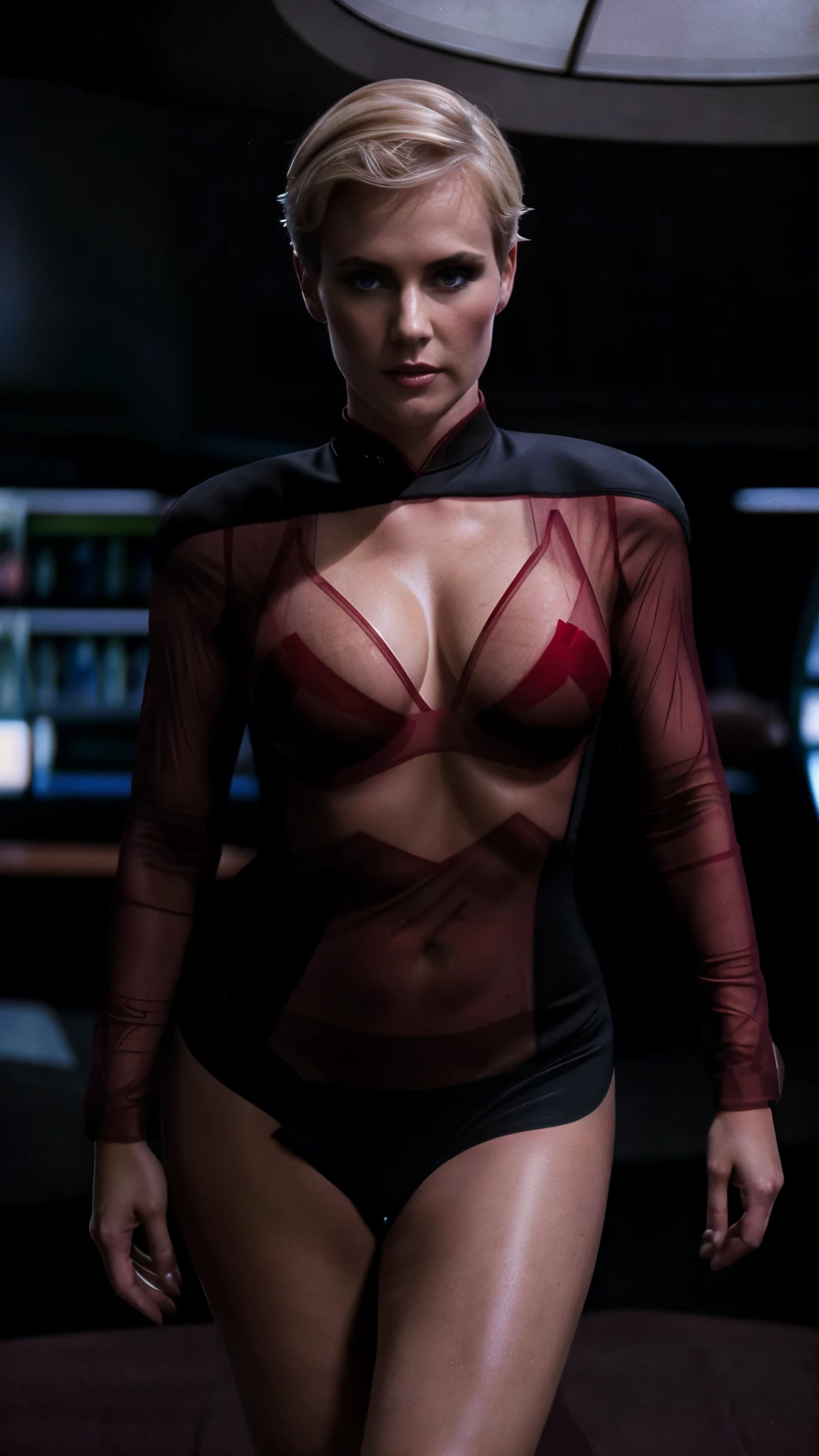 Sexy intense woman in a sexy translucent red mesh starfleet loincloth uniform, sexy seductive pose, erotic, powerful, formidable, bare legs, cleavage, blonde bombshell, short hair, athletic, (((eye contact))), (((looking into camera))), (((seducing the viewer))), well lit