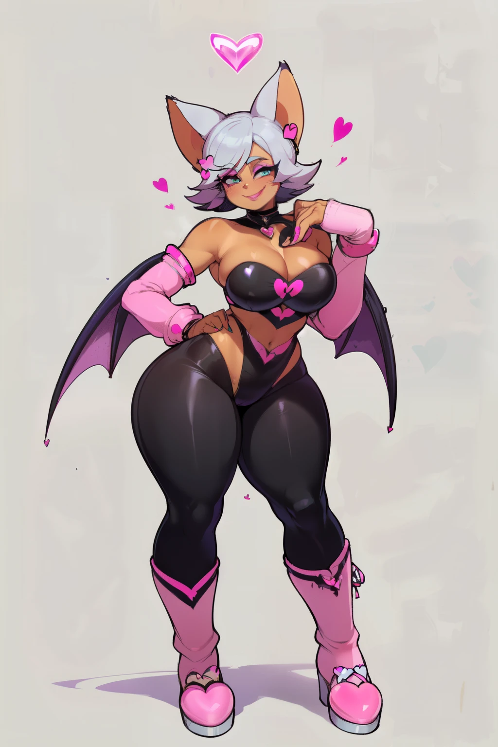 blue eyeshadow, pink lipstick, green eyes, white hair, bat wings, bat ears, Rouge the bat, ((large breasts, wide hips, thick tights)) ((tan skin, human)) ((perfect anatomy, perfect face, perfect body)) ((masterpiece, 16k, hd, details)) ((cell shading 1.3)),nyantcha, ((black, skin-tight and strapless low-cut jumpsuit that sported a pink heart-shaped chest plate outlined with thin white trim. She accessorizes with a set of elbow-length white gloves and thigh-high high-heeled boots with pink cuffs to match them, with the latter featuring both gray soles and heels, along with steel toes in the appearance of pink hearts, matching her jumpsuit's chest plate.)) ((seductive pose, smile, dynamic))