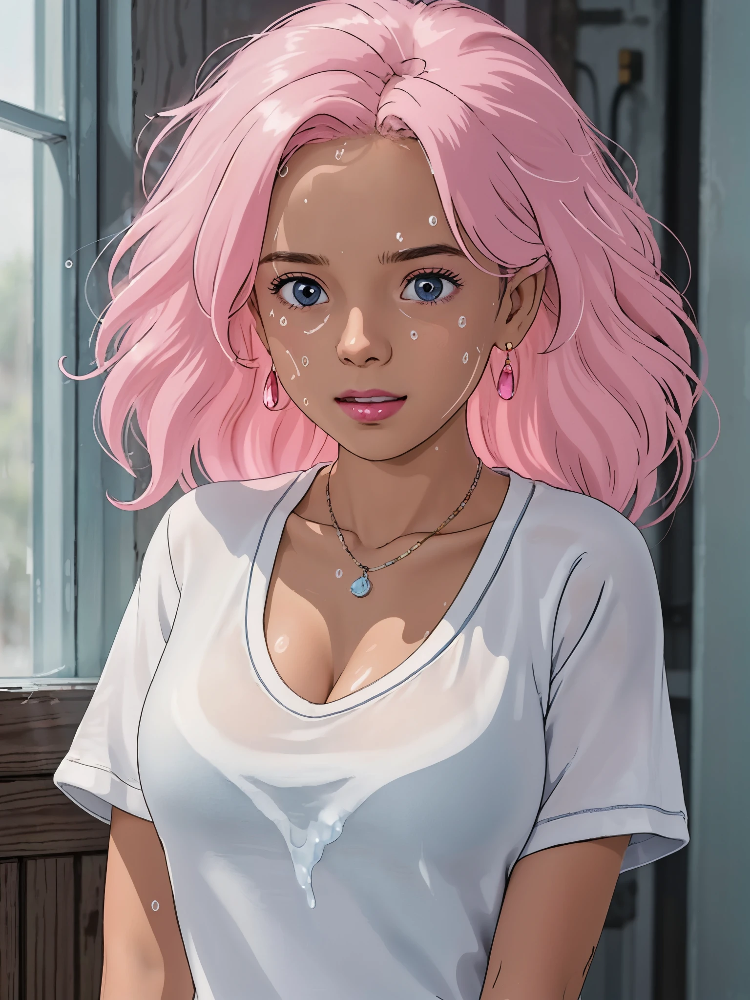 1girl, detailed face, afro hair, dark skin, looking at viewer, vibrant colorful, short sleeve t-shirt, pink hair, earring, white shirt, open mouth, deep v-neck, cleavage emphasis, focus on breasts, dripping on breasts, sweating, (:P:1.2), (full body:0.8), (yo, cute:1.3), (breasts:1.2), 