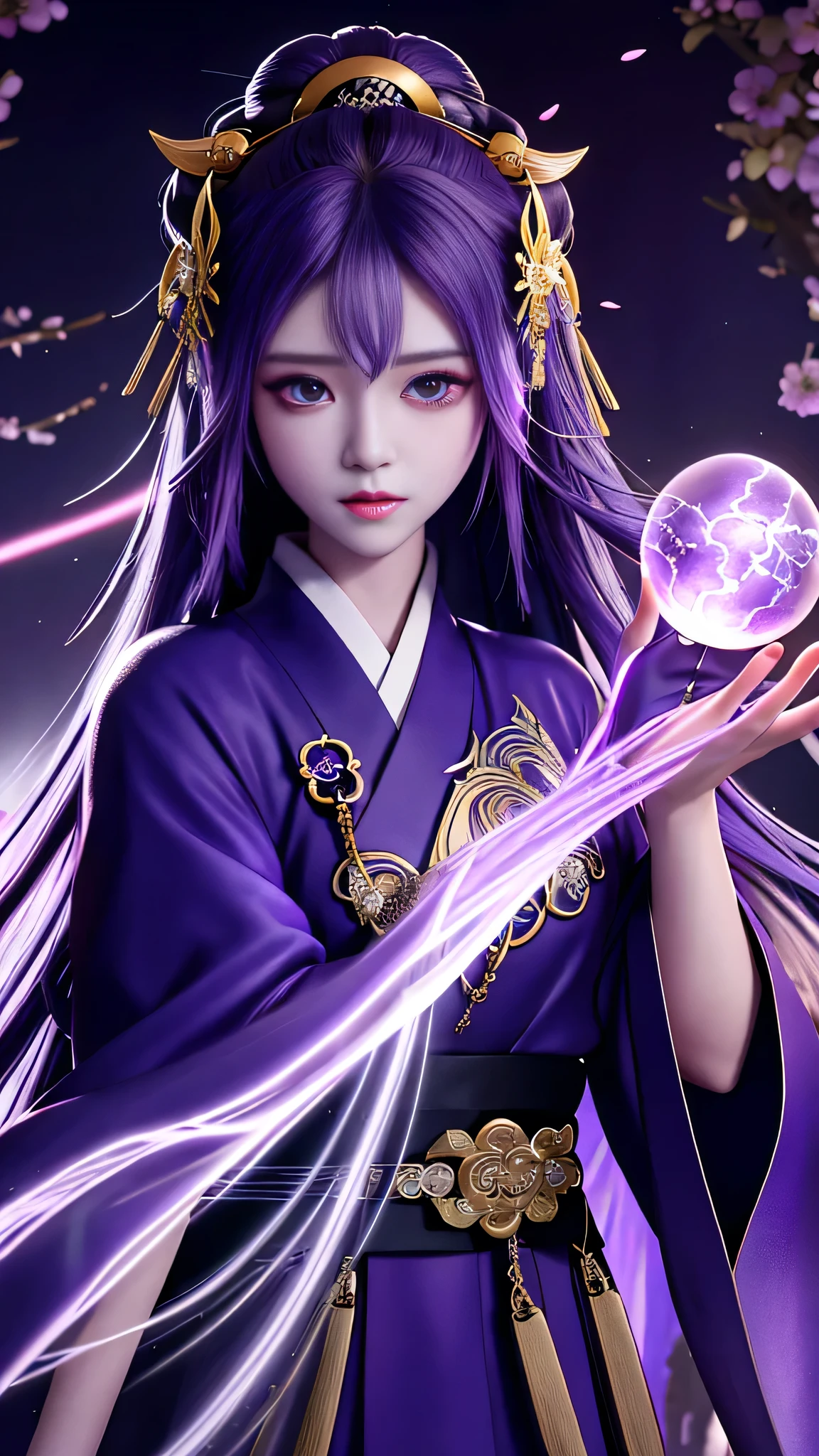 A priestess with cascading long hair, her gaze intense and captivating, stands defiantly inside the ancient Shinto shrine. Purple lightning statically crackles around her fingertips as she harnesses its raw power against the relentless wind that howls outside. The brilliant hues of the purple lightning vibrantly contrast with the dark, somber interior of the shrine, casting dramatic, cinematic lighting that illuminates her striking features. Her eyes, with their long, luminous eyelashes, are a captivating mix of intense focus and unrivaled power, meticulously detailed to convey a sense of otherworldly beauty.

This mesmerizing digital art