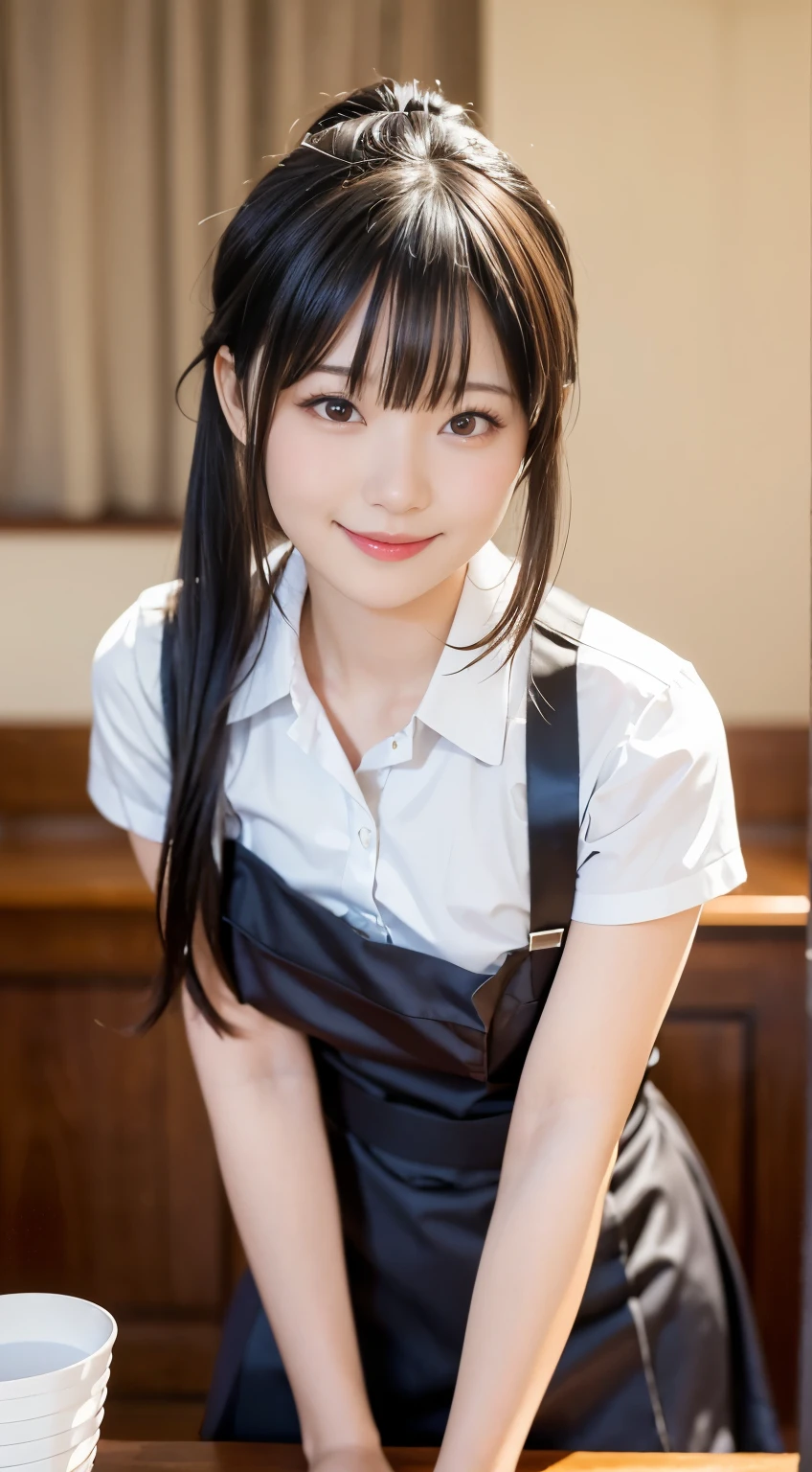 (highest quality,masterpiece:1.3,Ultra-high resolution,),(Very detailed,Caustics),(Realistic:1.4,RAW shooting,)Ultra-Realistic Capture,Very detailed,High resolution 16K human skin closeup。 Natural skin texture、,pores、、、、It must be detailed enough to be easily identifiable。 Skin tone is even and healthy looking。 Use natural light and color,restaurant,Waitress Uniform,1 girl,Japanese,18-year-old,cute,Black-haired,ponytail,Big Breasts,smile,Turn your body forward,(Front view:1.1),Looking into the camera,Cowboy Shot,