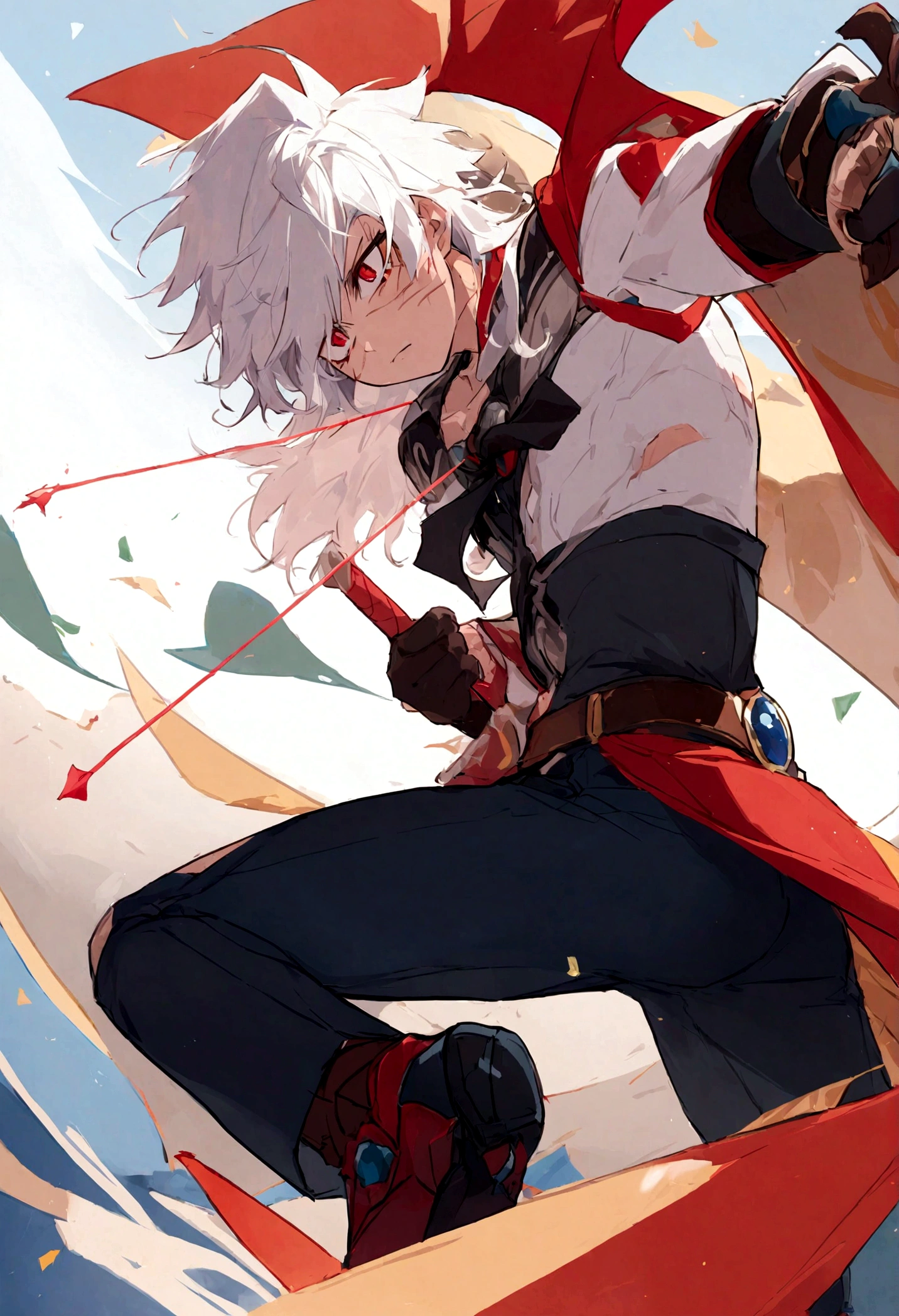 20 year old boy, con una estatura de 1.80cm, lleva un Traje Landsknecht que combina elegancia con funcionalidad. His white hair and intense red eyes reflect a serious and cold look....., revealing his determination and combat experience... His athletic build and the scars on his skin tell of his adventures