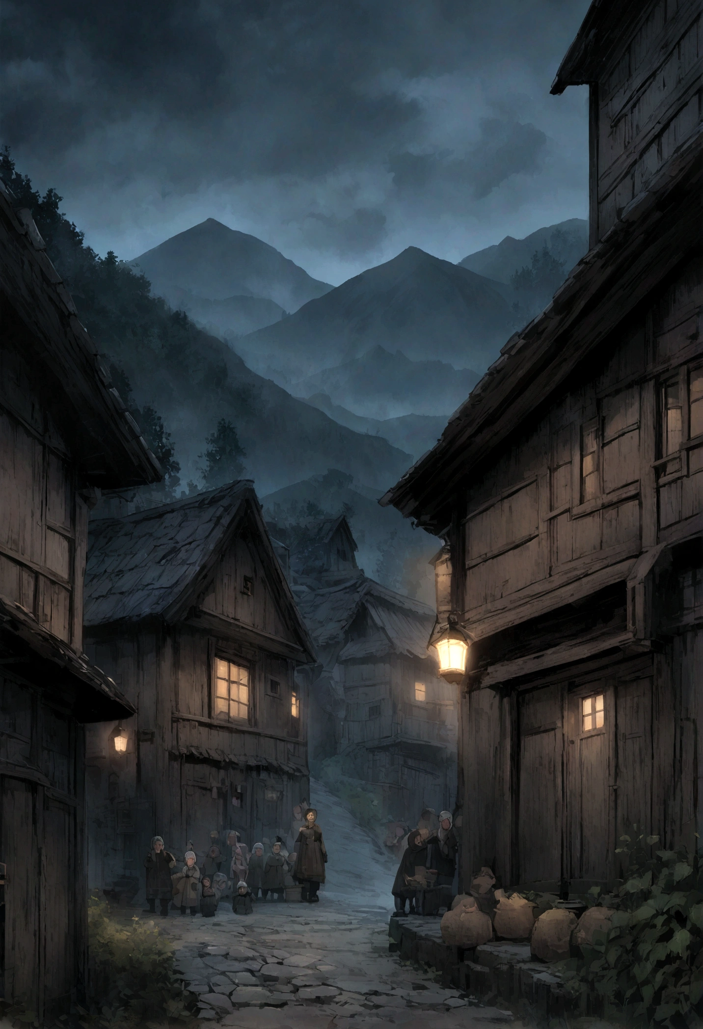 Poor mountain village street, Villagers, old house, Very detailed, night, gloomy, scary, Overlooking