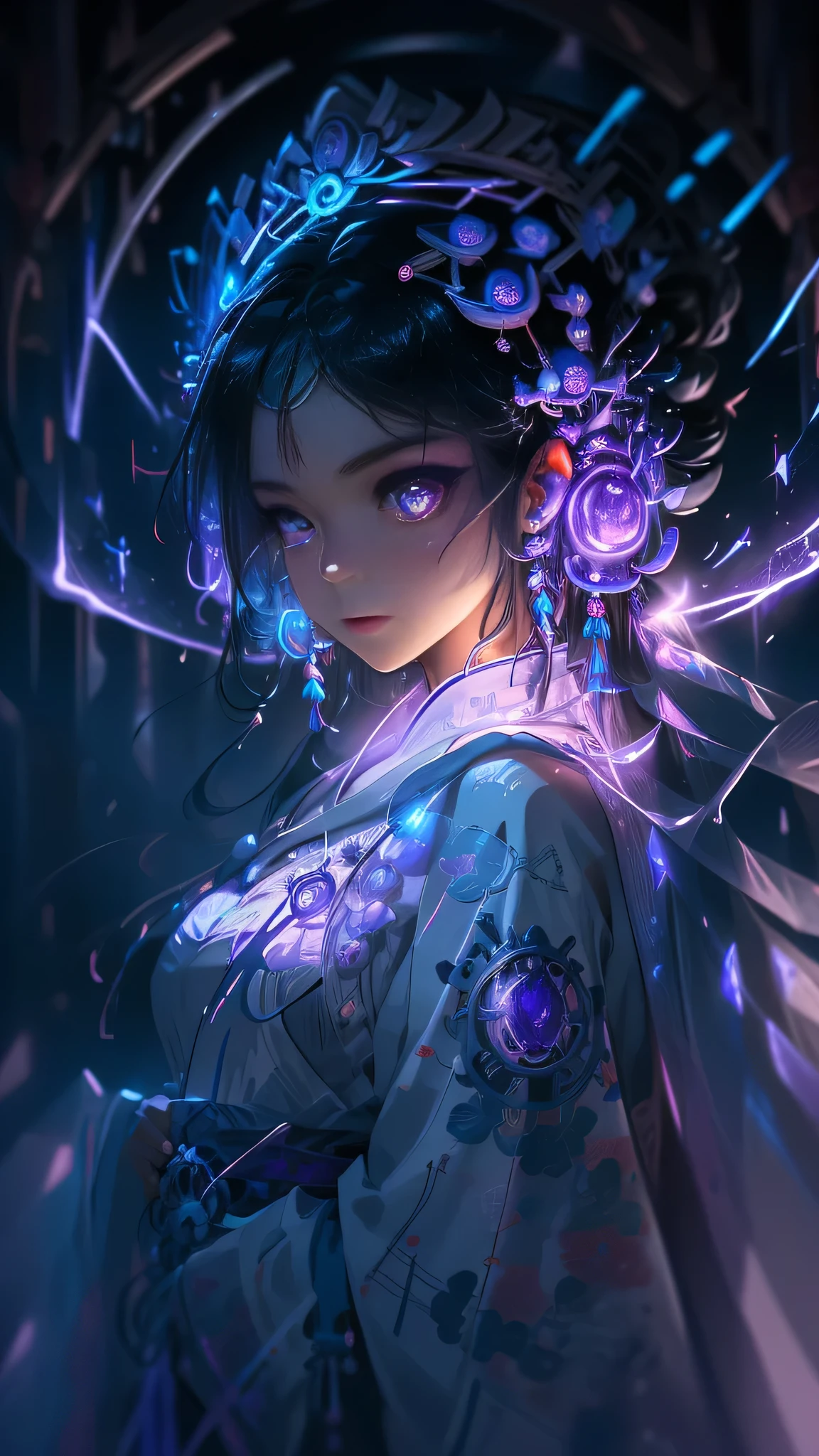 A Priestess of Ancient Wisdom, with cascading locks that reach the ground, stands resolute within the hallowed walls of a timeworn Shinto shrine. Purple lightning, electrifying the air around her, crackles statically as she draws upon its potent energy, a stark contrast to the shrine's somber, antiquated interior. The vivid, pulsating hues of the lightning cast dramatic, cinematic lighting upon her stunning features, revealing the intricate details of her otherworldly beauty. Her eyes, adorned with long, luminous eyelashes, burn with an intensity that belies her wisdom and power, yet they shine with a captivating