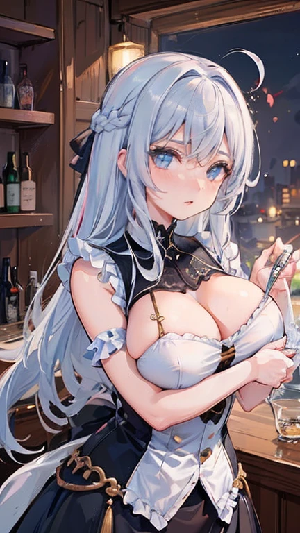 最high quality、Melhor qualidade de imagem、Obra de arte、adolescente((20 anos de idade、 Tornando-se、vest bust、medium bust,wide open breast tea、olhos brilhantes, cabelo loiro、cabelo longo、afinar,vale mais alto、rabo de cavalo、Trajes de barman、mini-saia、segurando uma garrafa de vinho、sorriso、luvas pretas、suporte de peito、breast-feeding)),alta qualidade、linda arte、Fundo((bar noturno))detritos voam、Profundidade do limite escrito、Filme、arte visual、arte perfeita、8K,genuine、