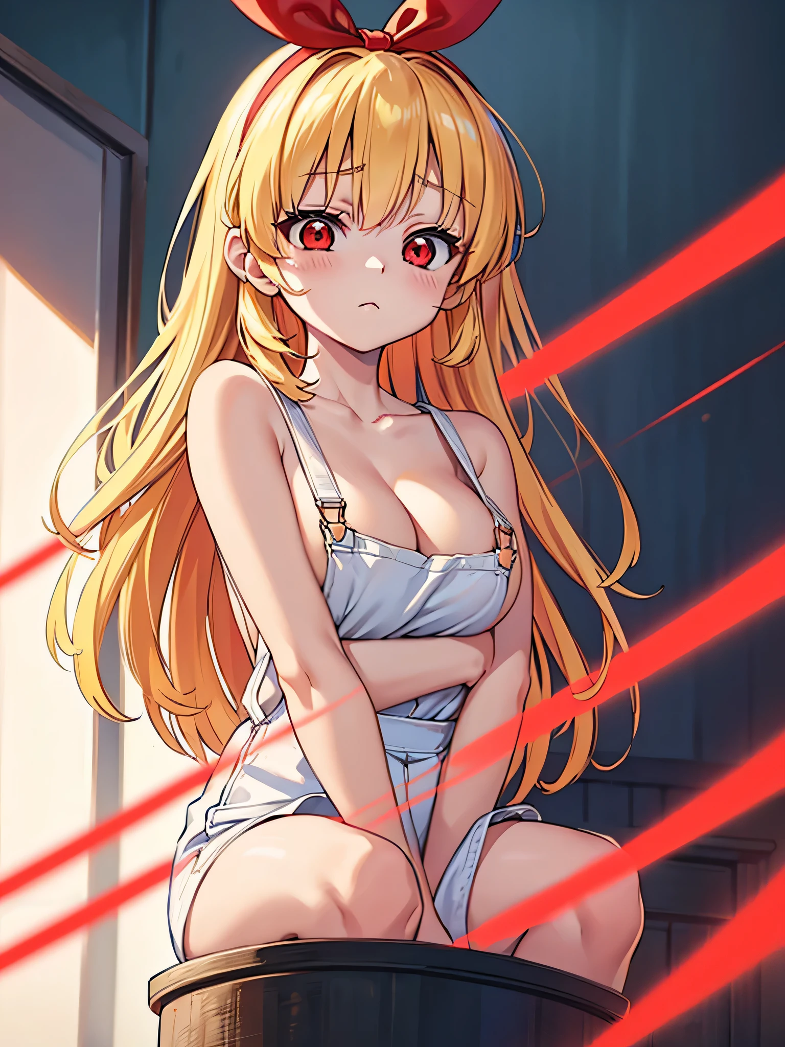 RED_Ribbon_on_HAIR_band,warm light, from below, upper body, ((cute girl, baby face, slender, Blonde hair, red eyes)), cleavage, collarbone, large breast, naked_overalls, no expression, half closed eyes, hands between legs