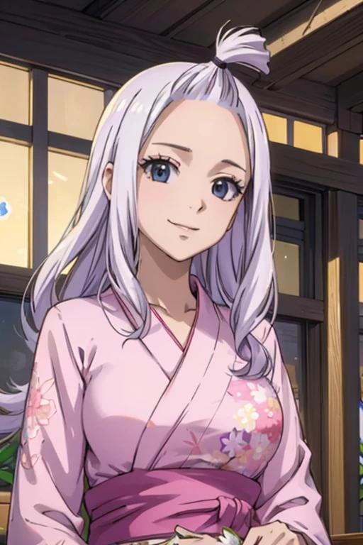 (best quality,4k,8k,highres,masterpiece:1.2),ultra-detailed,realistic,photorealistic:1.37, Mirajane Strauss with a beautiful smile wearing a pink flowery yukata 