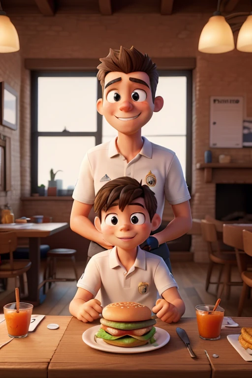 Mama papa e hijo con camisolas del real madrid comiendo hamburguesas en un loft