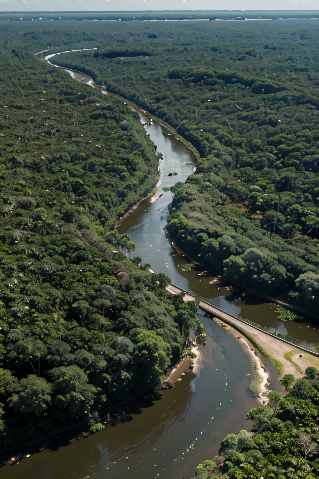 create an aerial image of the dense Amazon rainforest, crossed by a river with a jaguar and a macaw