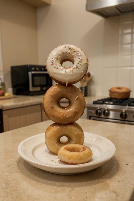 Create an image with some cassava starch donuts, esponjosas en un plato , where only the donuts are on a kitchen counter. The donuts are mini size, usa un fondo adecuado para poder venderlas y que sea llamativo a la vista