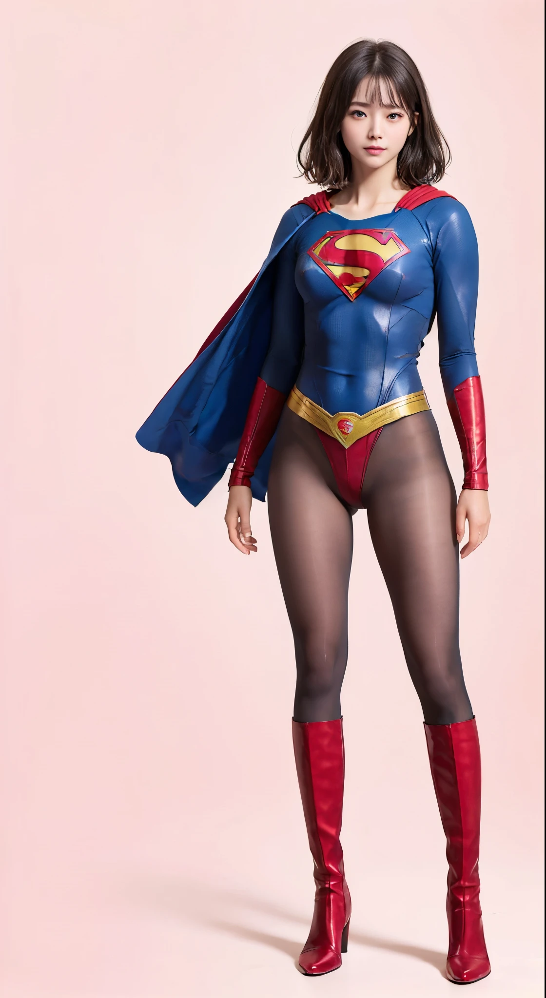 No background、(((Beautiful legs in black tights.)))、(((Legally express the beauty of your smile)))、((((Make the most of your original images)))、(((Supergirl Costume)))、(((Beautiful Hair)))、(((suffering)))、(((Please wear black tights....、Wear red boots)))、((Best image quality、8k))、((Highest quality、8k、masterpiece:1.3))、(((Preserve background )))、Sharp focus:1.2、Beautiful woman with perfect figure:1.4、Slim Abs:1.2、Wet body:1.5、Highly detailed face and skin texture、8k