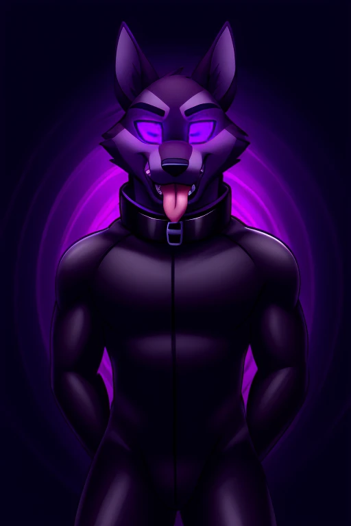 Vortex hellhound standing, tongue out, using a gray latex suit, and a black techno collar, hypnotized with glowing purple eyes without iris or pupils, tongue out, 