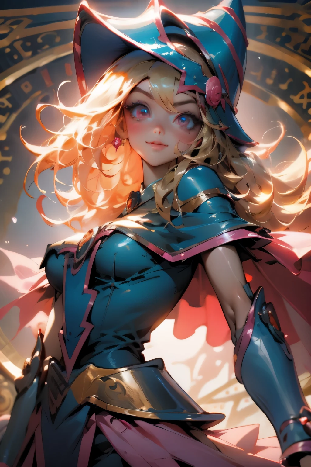 Hermoso rostro de dark magician gils, ojos azules. Labios rosados. Cabello rubio y largo. Ombros descubiertos, sonrisa angelical, hermoso rostro bien detallados de dark magician gils. Ropas transparentes. You can see her nipples through her clothes