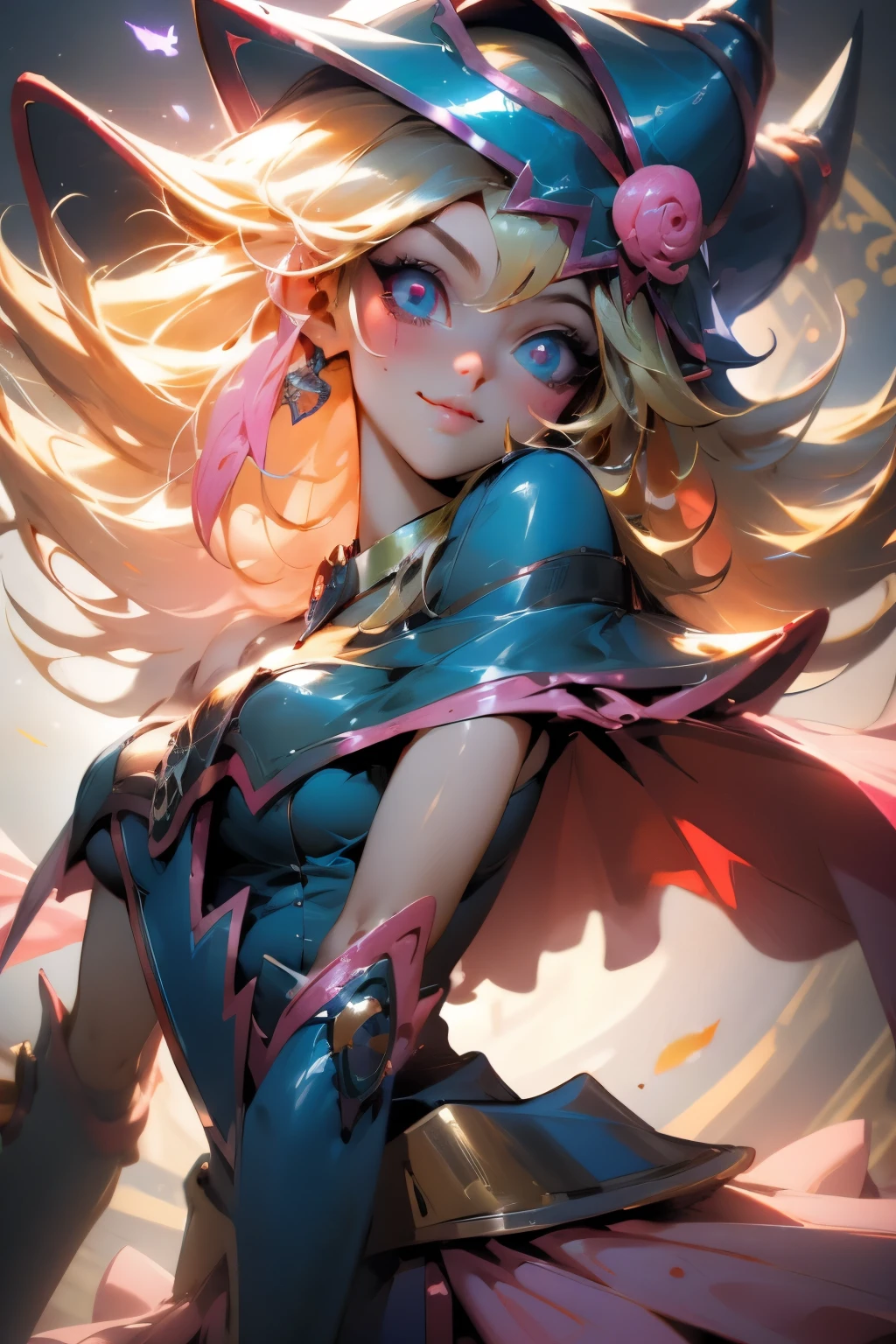 Hermoso rostro de dark magician gils, ojos azules. Labios rosados. Cabello rubio y largo. Ombros descubiertos, sonrisa angelical, hermoso rostro bien detallados de dark magician gils. Ropas transparentes. You can see her nipples through her clothes