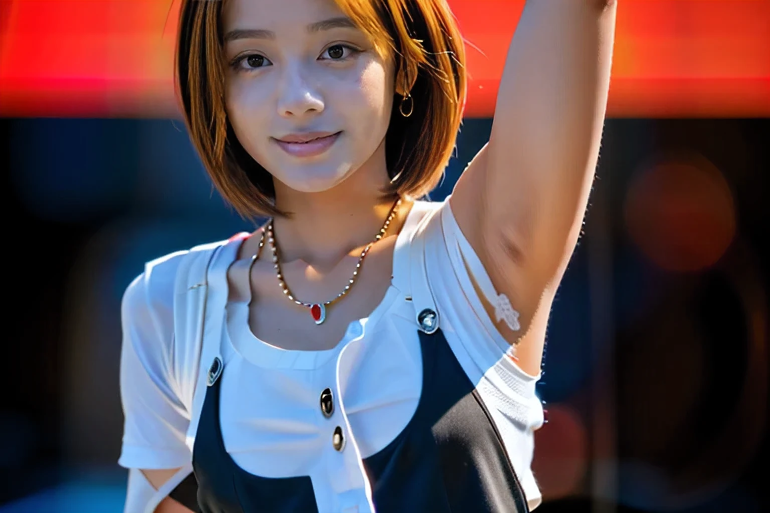 (An 18-year-old idol girl dancing on stage:1.5)、(Cute smile:1.2)、(The best quality at its best:1.4), (Super detailed), (Very detailed CG unified 16k), Beautiful woman with perfect figure: 1.4, Sharp focus: 1.2, Very detailed, High-quality RAW color photos, Professional photography, Great face and eyes, cosmetics, (Amazingly beautiful girl), ((Cute idol costumes:1.5)), Sexy posture,(View from below), Realistic movie faces, Full body long view from head to toe, Realistic, ((Realistic natural orange red hairstyle, Realistic blue eyes)), ( Short Bob Hair:1.5), (necklace:1.5)、, Very beautiful face, Perfect model beauty, Mouth swelling, Highly detailed face and skin texture, Fine grain, double eyelid, Medium chest, (masterpiece), highest quality, High resolution, Very detailed, Blurred Background, Depth of written boundary, Cinema Lighting, Great legs, , Clear, well-maintained skin,