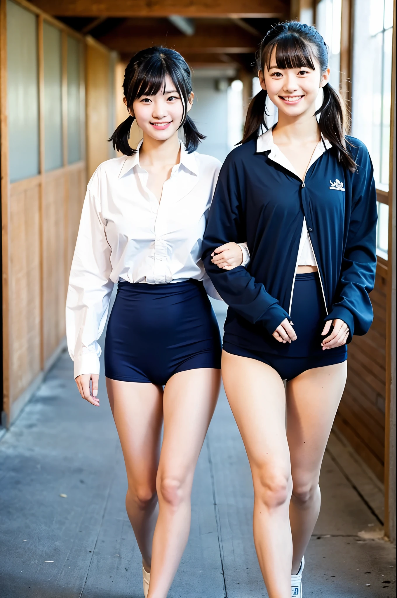 2 girls walking in old-Japanese school classroom corridor,unbuttoned open white shirt over navy blue one-piece school swimsuit,18-year-old,bangs,a little smile,thighs,knees,short hair with low pigtails,from before,front light