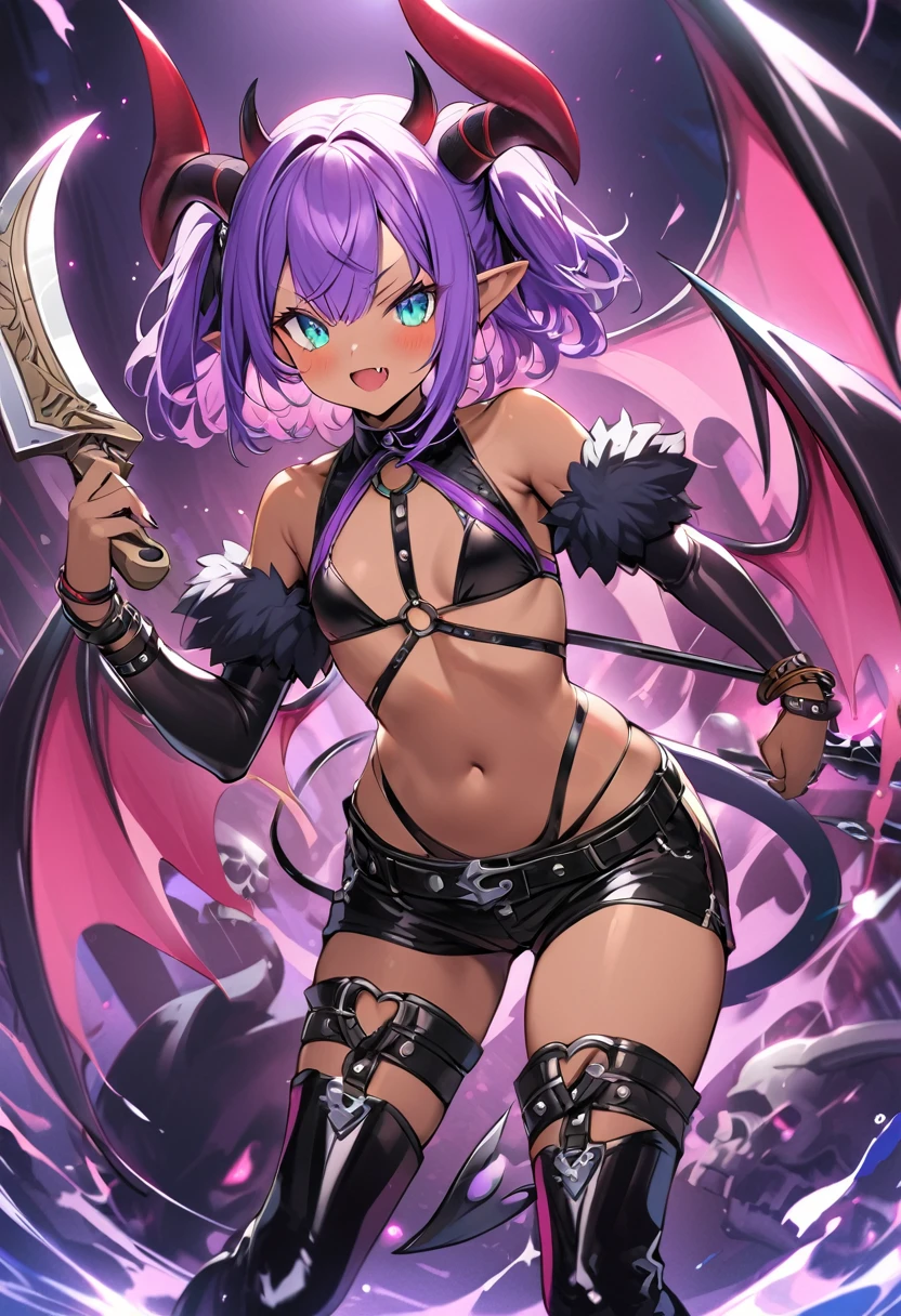(masutepiece, Best Quality),1girl, tail, wings, demon-girl, horns, solo, demon-tail, thighhighs, pointy-ears, weapon, o-ring, purple-hair, demon-wings, swimsuit, open-mouth, thigh-boots, jewelry, shorts, navel, holding, looking-at-viewer, boots, bracelet, flat-chest, detached-sleeves, o-ring-top, holding-weapon, demon-horns, blue-eyes, short-hair, skull, colored-skin, black-bikini, black-footwear, fang, short-shorts, full-body, black-thighhighs, faux-figurine, bare-shoulders, dark-skin, micro-bikini, blush, bangs, dark-skinned-female, highleg, tail-ornament, holding-sword, two-side-up, fur-trim, knife, bikini-top-only, aqua-eyes bone, black-shorts