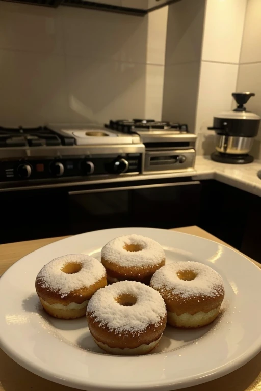 Photo of some mini donuts or mini donuts made of cassava starch, so they should be fluffy and golden, without any glaze, put them on a plate on a kitchen counter, en donde se puedan observar de forma agradable y sea posible venderlas al verse llamativas y deliciosas. No incluyas a ninguna persona.