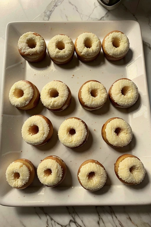 Photo of some mini donuts or mini donuts made of cassava starch, so they should be fluffy and golden, without any glaze, put them on a plate on a kitchen counter, en donde se puedan observar de forma agradable y sea posible venderlas al verse llamativas y deliciosas. No incluyas a ninguna persona.
