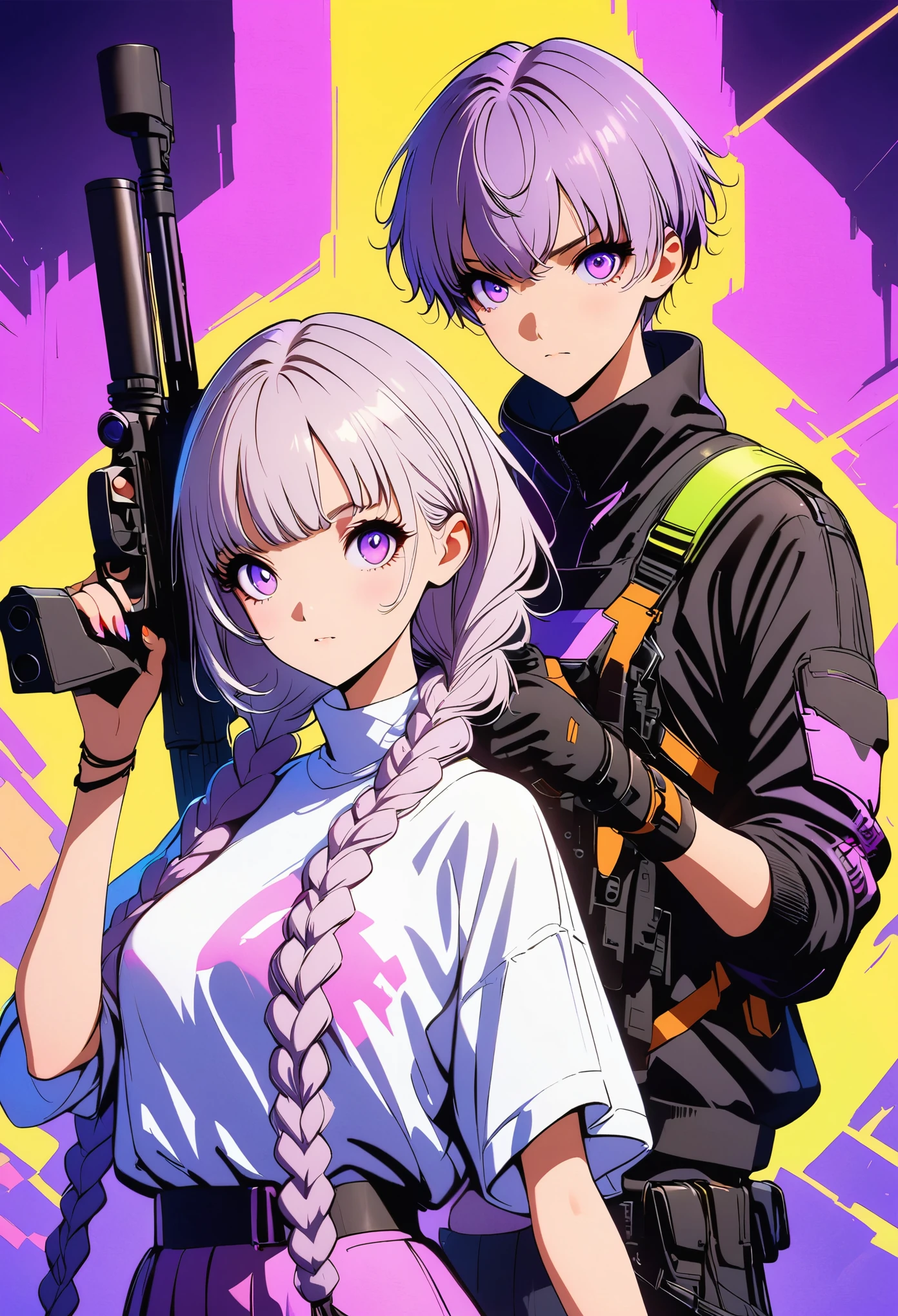 Vector illustration，A young couple，Purple Eyes，girl，Purple Eyes，White hair-purple-long braids。Holding the gun with both hands，sniper,  Anime art style with strong contrast between light and shadow, Neon shade, and fluorescent colors. cyberpunk characters, 32k, 