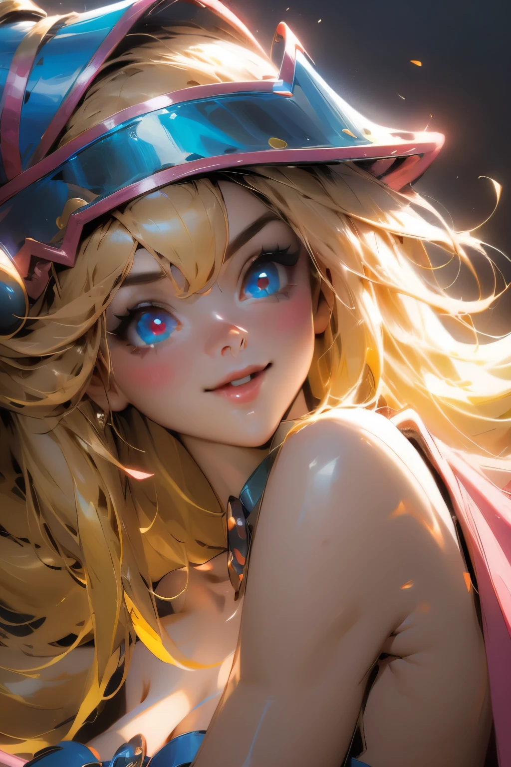 Hermoso rostro de dark magician gils, ojos azules. Labios rosados. Cabello rubio y largo. Ombros descubiertos, sonrisa angelical, hermoso rostro bien detallados de dark magician gils. Nude. Hot. Sexy. Nude
