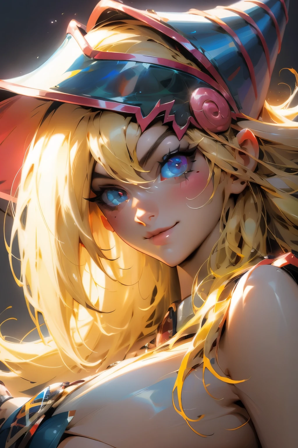 Hermoso rostro de dark magician gils, ojos azules. Labios rosados. Cabello rubio y largo. Ombros descubiertos, sonrisa angelical, hermoso rostro bien detallados de dark magician gils. Nude. Hot. Sexy. Nude