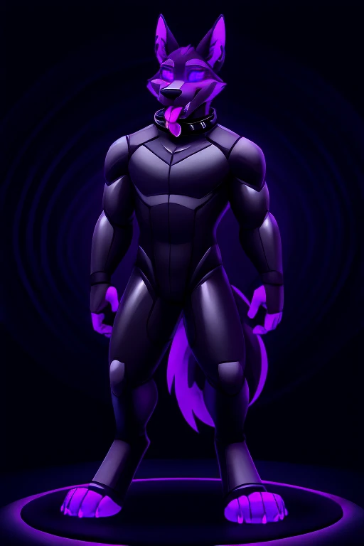 Vortex hellhound standing, tongue out, using a gray latex suit, and a black techno collar, hypnotized with glowing purple eyes without iris or pupils, tongue out, full body image, laboratory background