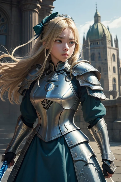 Sydney Sweeney, (masterpiece:1.2), (absurdres), (detailed face),(detailed eyes), (best quality) (traditional media:1.2) , (white backround), upperbody, (expressionless), artoria_pendragon_(fate), saber, armor, blonde hair, gauntlets, green eyes, hair ribbon, armored dress, ahoge, blue dress,