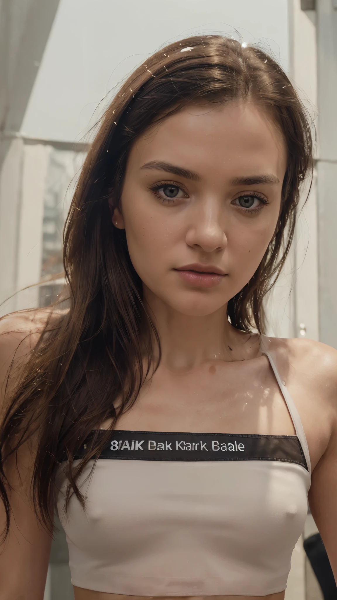 ((Realistic lighting, Best quality, 8K, Masterpiece: 1.3)), Clear focus: 1.2, 1girl, Perfect Figure: 1.4, Slim Abs: 1.1, ((Dark brown hair)), (White crop top: 1.4), (Outdoor, Night: 1.1), City streets, Super fine face, Fine eyes, Double eyelids,