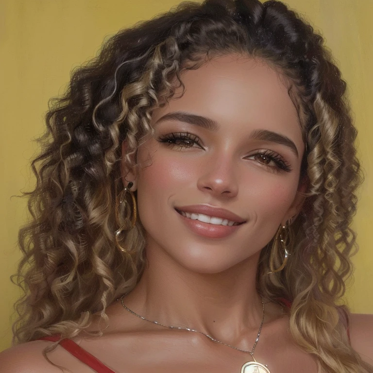 there is a woman with curly hair smiling and wearing a necklace, taken at the beginning of 2020, malika favre, Mulher de 30 anos de Cuba, mother of the month, looks like fabiula nascimento, powder Nándor Katona, imagem de perfil, monserrate gudiol, magnetic years, fernanda suarez