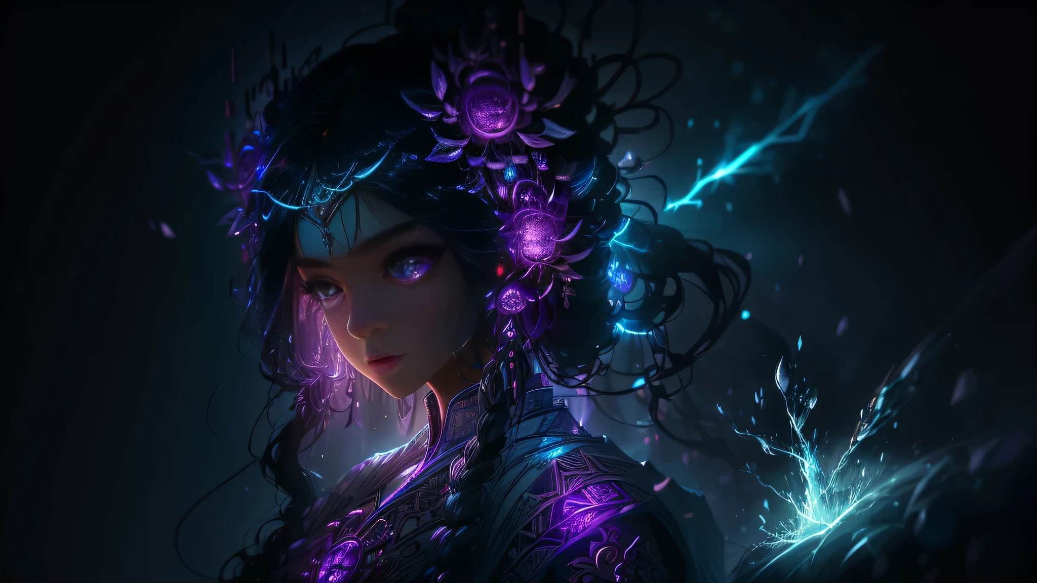 A Professional Illustration showcases a Majestic Priestess of Ancient Wisdom, her cascading locks of a rich, dark ebony reaching the ground, standing steadfast within the hallowed, moss-covered walls of a venerable Shinto shrine. Mystical, violet bolts of electricity, pulsating with power, crackle in the air around her, casting a dynamic, cinematic light upon her transcendent beauty. The electric, vibrant hues of the lightning illuminate her striking features, revealing the minute details of her otherworldly charm. Her eyes, adorned with long, radiant eyelashes, gleam with an intensity that reflects her profound wisdom and power,