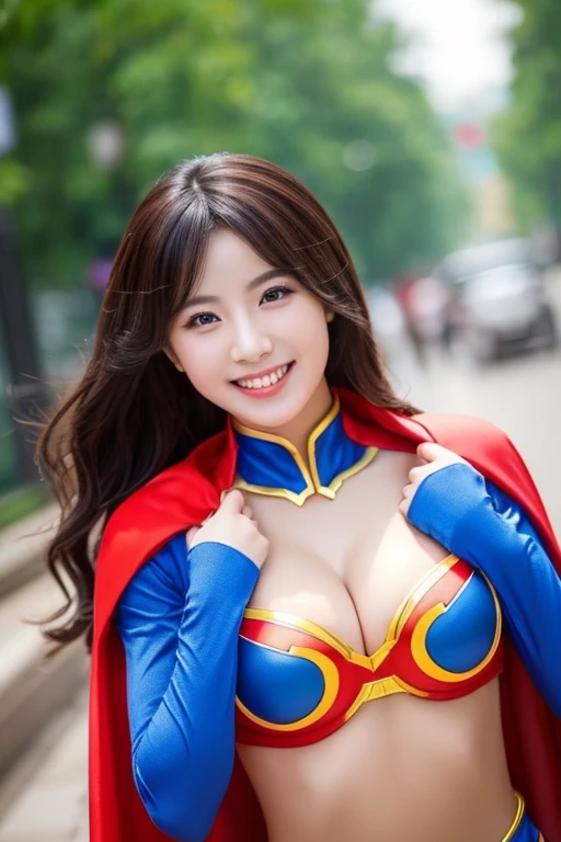 Beautiful girl from china with beautiful breasts dressed in superhero cosplay and smiling sexy