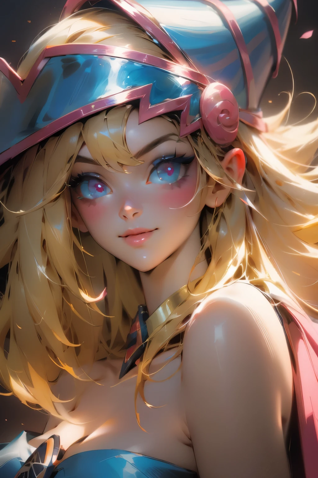 Hermoso rostro de dark magician gils, ojos azules. Labios rosados. Cabello rubio y largo. Ombros descubiertos, sonrisa angelical, hermoso rostro bien detallados de dark magician gils. Nude. Hot. Sexy. Nude