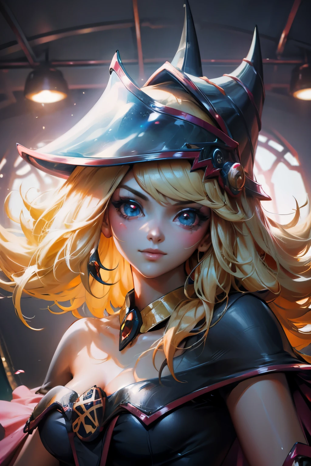 Hermoso rostro de dark magician gils, ojos azules. Labios rosados. Cabello rubio y largo. Ombros descubiertos, sonrisa angelical, hermoso rostro bien detallados de dark magician gils. Ropas transparentes. You can see her nipples through her clothes