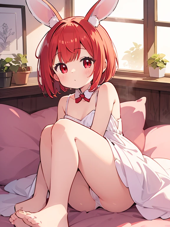 small girl, short hair, rabbit ears, fluffy ears, rabbit girl, long dress, red eyes, cute face, rounded eyes, small mouth, bare foot, cute look