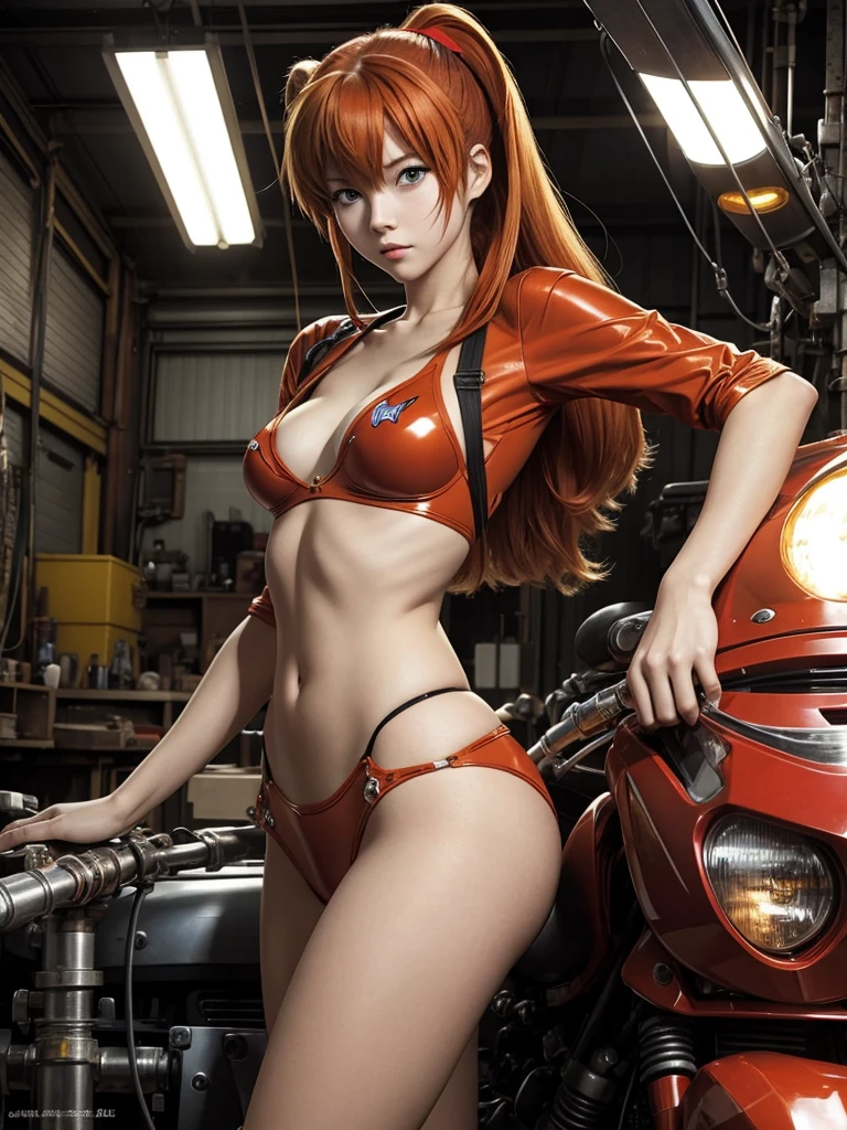 character Asuka Langley Sōryū. pin up style in a mechanical workshop