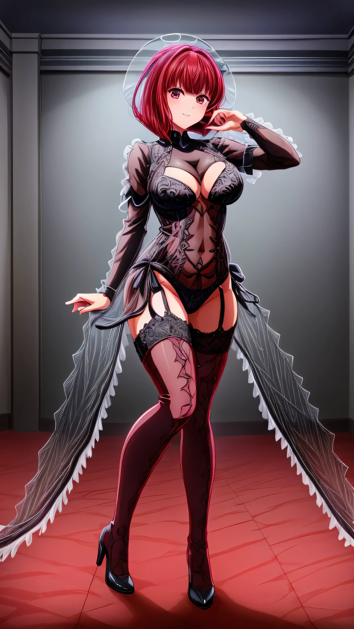 anime, beautiful face, highly detailed face, 2 perfect legs, highly detailed red eyes, highly detailed background, perfect lighting, accurate arms, accurate hands, accurate fingers, full body, 1girl, solo, Arima kana, oshi no ko, indoors, detailed heels, beautiful short red hair, detailed thighhighs, absurdres, high res, ultrasharp, 8K, masterpiece, looking at viewer, teasing smile, BREAK (detailed black sexy body stocking:1.2), (intricate all lace:1.4), (beautiful black heels:1.2), (transparency:1.6), standing up, (sexy pose:1.3), (detailed black heels:1.2), (full body:1.2)