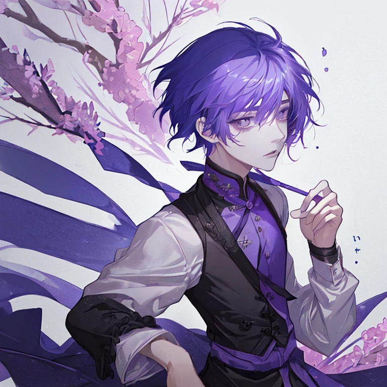 (((One Young Man)))、A teacher in her 20s with purple hair、Short Hair、look here、Bust up shot、Fantasy、In front of a white wall