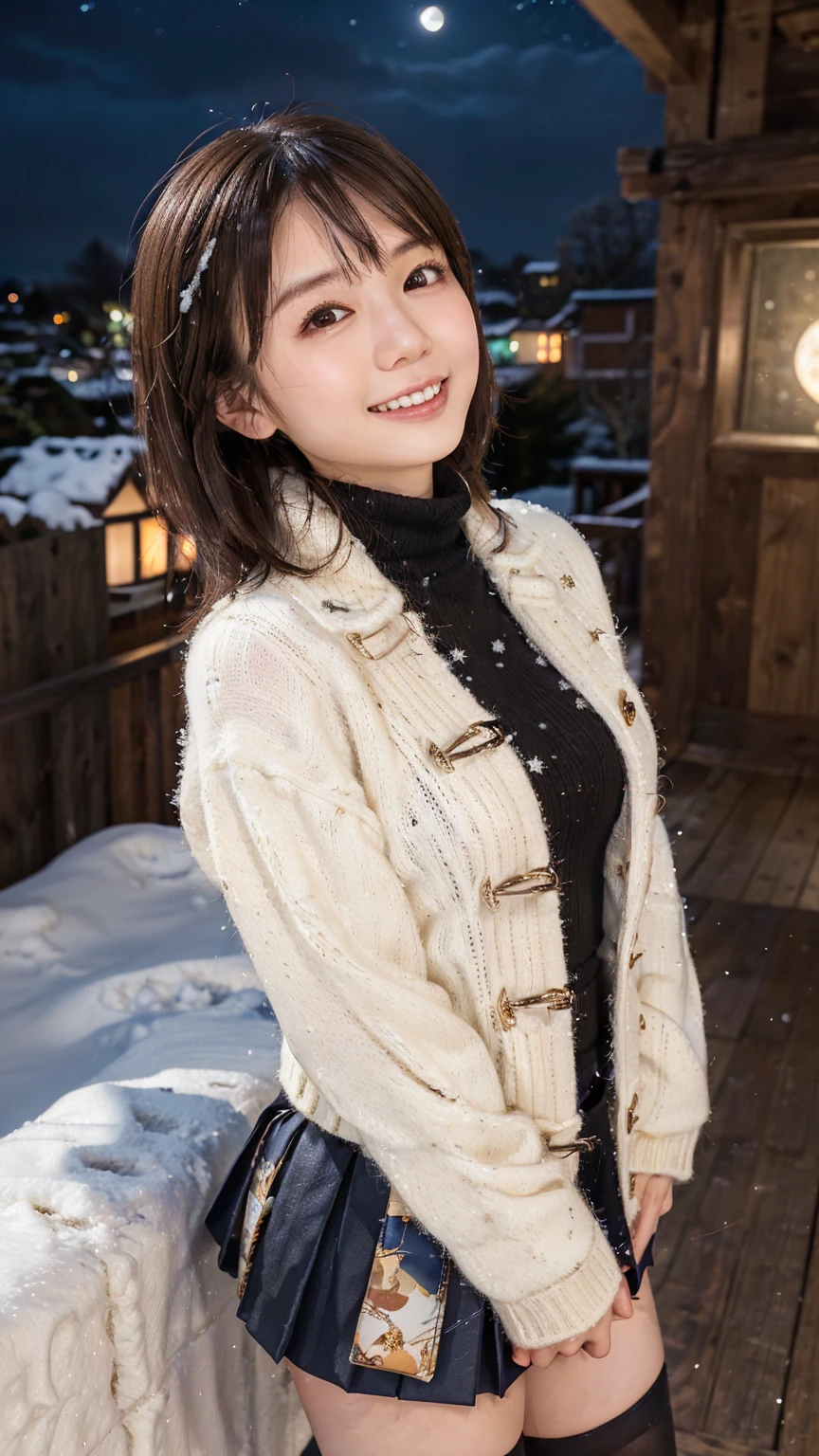 8K quality,(super masterpiece:1.3),highest quality,Detailed Images,The real picture,Natural lighting,symmetrical beauty,1 female,Japanese,20-year-old,(微smile,smile,smile),Medium Hair,Curly Hair,(very cute:1.3),Thick eyebrows,(Double:1.2),(Realistic eyes:1.1),clothing(Duffle coat,Turtleneck sweater,skirt,stockings),(Background is Bill,rooftop,Night view,winter,snow,full moon,Starry Sky),(Face directly towards the camera,Looking directly at the viewer,looking at the camera,The body faces the viewer,The body is facing the direction of the camera,Face looking straight into the camera).