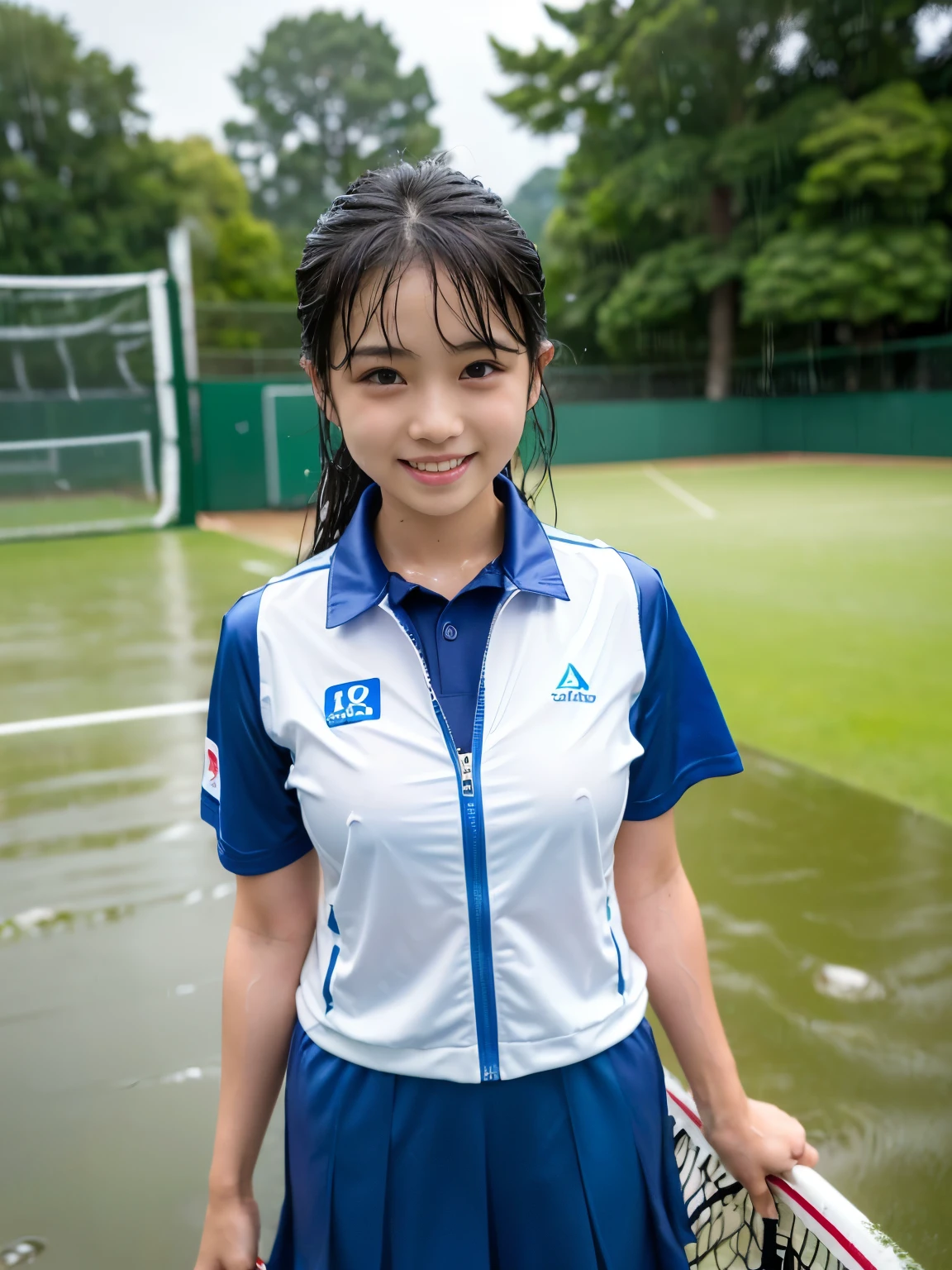(Best-quality, Masterpiece, Ultra-High-Resolution, (Photorealistic:1.4), Raw Photo, depth of field, professional lighting, perfect anatomy, extremely details), 1girl, -yeld, thost famous Japanese idol, innocent smile, cowboy shot, standing on tennis-court in heavy-rain, ((((wearing extremely wet tennis-uniform from heavy-rain)))), ((extremely cute face like the most popular Japanese idol soaking wet from heavy-rain, ((extremely cute and extremely big eyes)), extremely cute hair soaking wet from heavy-rain, extremely beautiful skins soaking wet from heavy-rain)), extremely cute long-eyelashes, extremely cute lips, extremely beautiful thighs soaking wet from heavy-rain