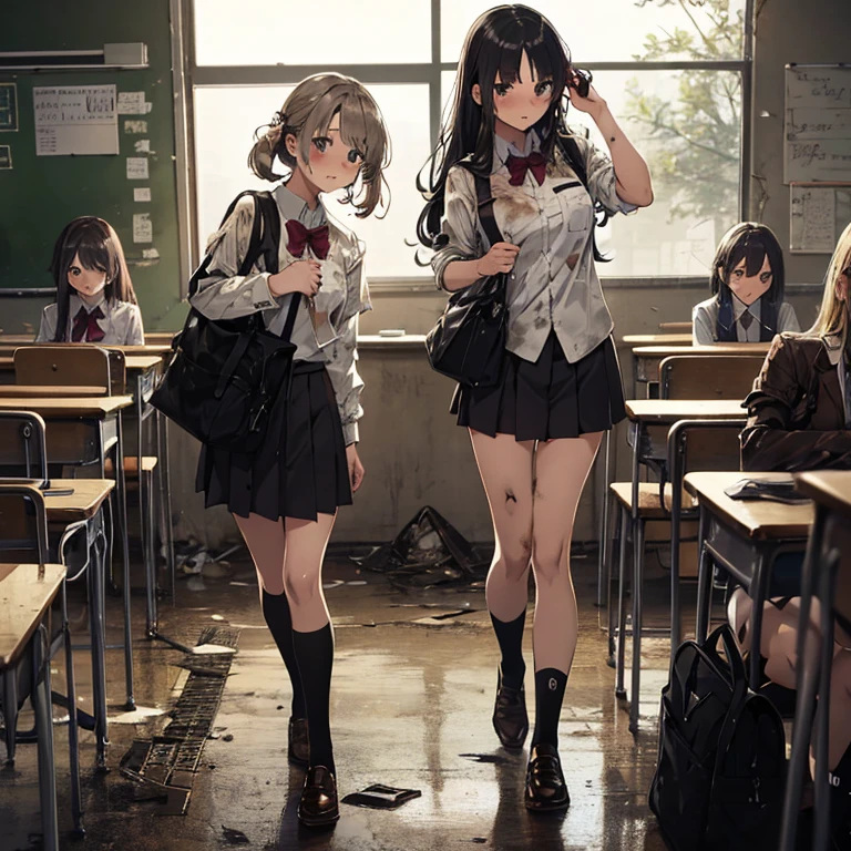 A group of female students, (in classroom), various hair styles, harem, post apocalyptic, details face, short skirt, seducing, school uniforms, dirty body, shattered glass, torn clothing