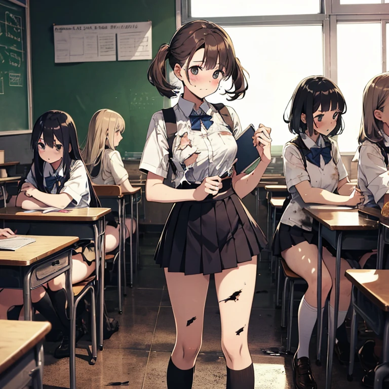 A group of female students, (in classroom), various hair styles, harem, post apocalyptic, details face, short skirt, seducing, school uniforms, dirty body, shattered glass, torn clothing