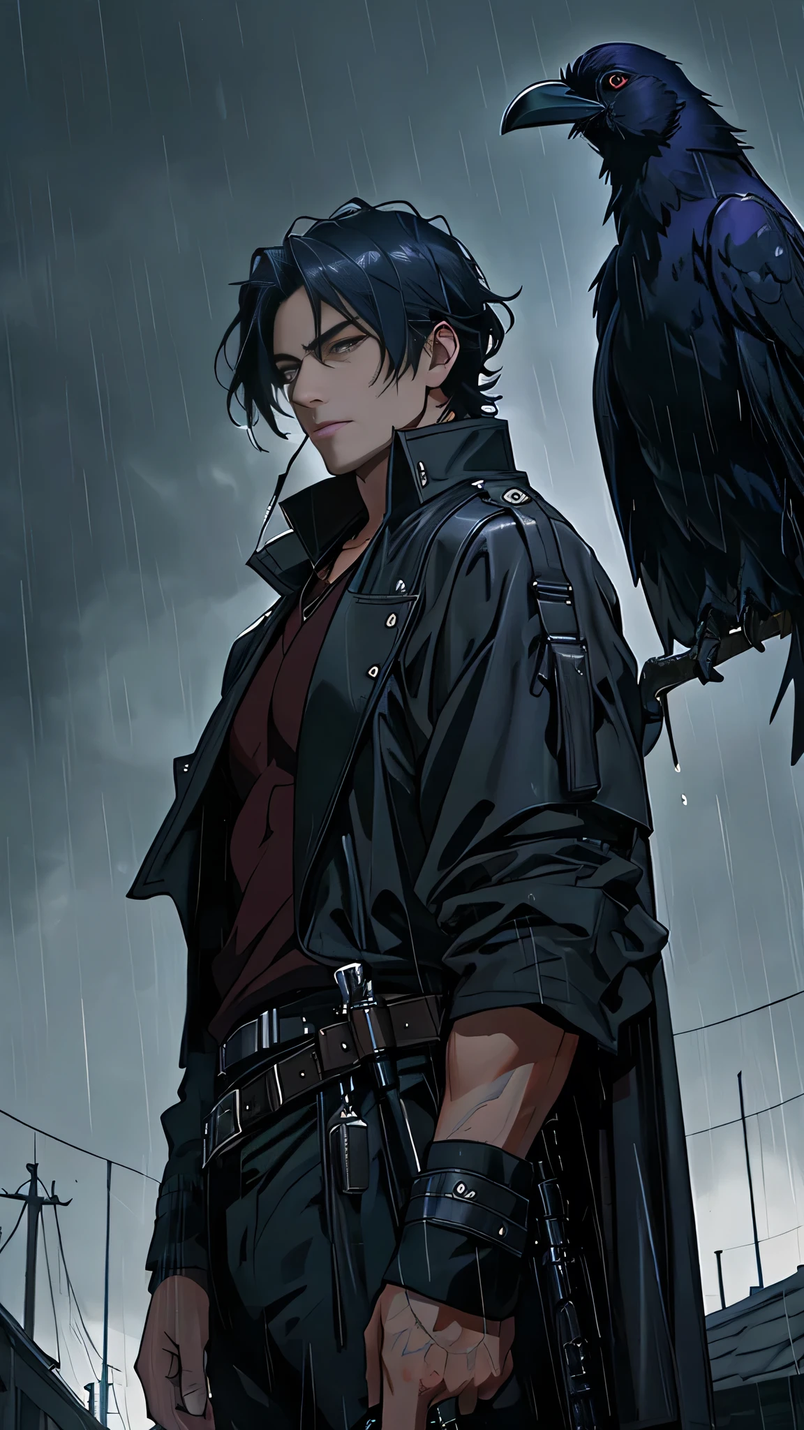 Masterpiece, Photorealistic, 8K Wallpaper, High resolution,
Striking, Masterfully Crafted, Mature Adult Male, Raven Hair Swept Back, Long Shoulder-length,
Highly Detailed, Dynamic Lighting, Dark Moody Anime-style, Pistol Held with Steely Grip, Muzzle Pointed Directly at Viewer, Cigarette Hanging Loosely from Mouth,
Rain Pouring Down in Torrents, Standing Silhouette, Brooding Atmosphere,
High Quality Shadows Casting an Enigmatic Aura, Deep Focus, Detailed Background,
Highly Detailed Cl