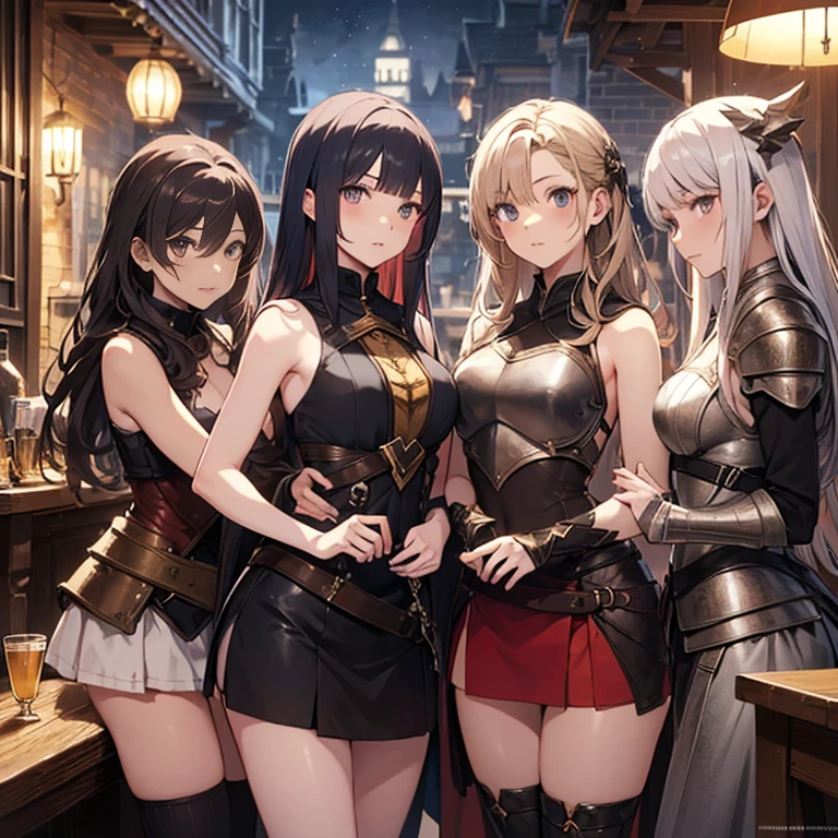 A group of female medieval fantasy adventurers, (in tavern), various hair styles, harem, night, details face, short skirt, seducing, sleeveless, armor