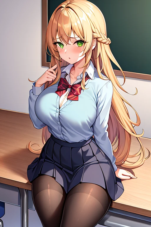 1girl, ornage hair, braid, large breasts, pantyhose, , ((school uniform)), mature female, thick thighs, long hair, green eyes, serious, classroom, skirt, cleavage